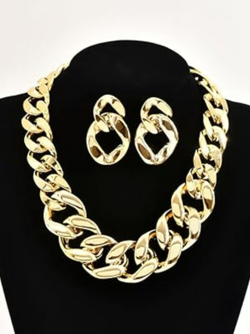 Gold Chunky Cuban Chain Choker Necklace and Earrings Jewelry Set